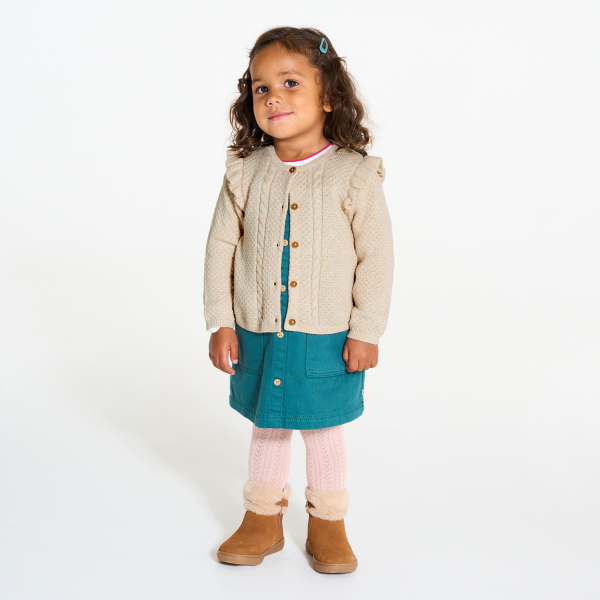 سترة منسوجة من خيط الصوف مع كشكش، بلون البيج للفتيات الصغيرات